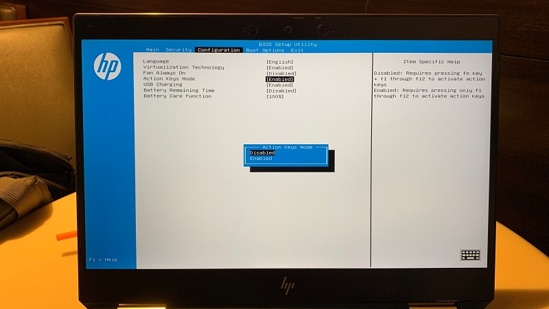 BIOSのActionKeyの変更画面